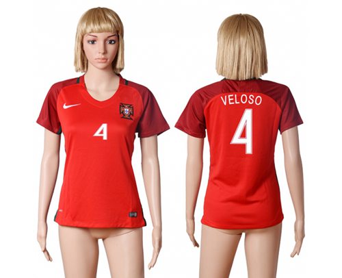 Women's Portugal #4 Veloso Home Soccer Country Jersey - Click Image to Close